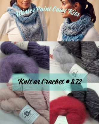 Winter Point knit and crochet cowl kit with four hand-dyed yarn pairings